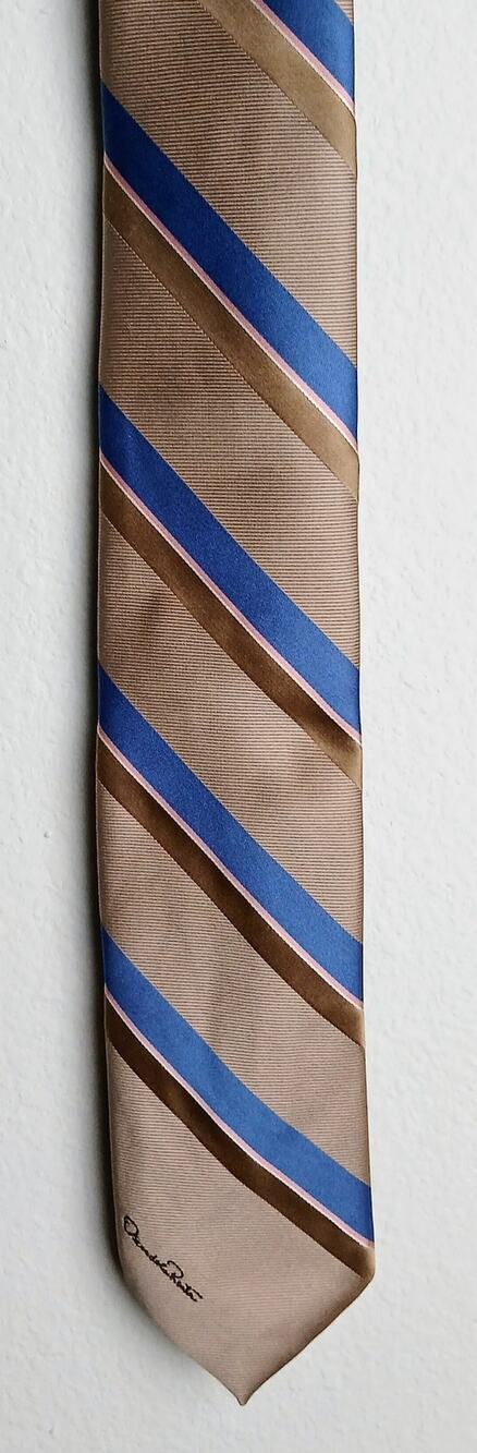 Oscar de la Renta Mens Vintage Tie Taupe Brown Blue Striped Polyester Blend